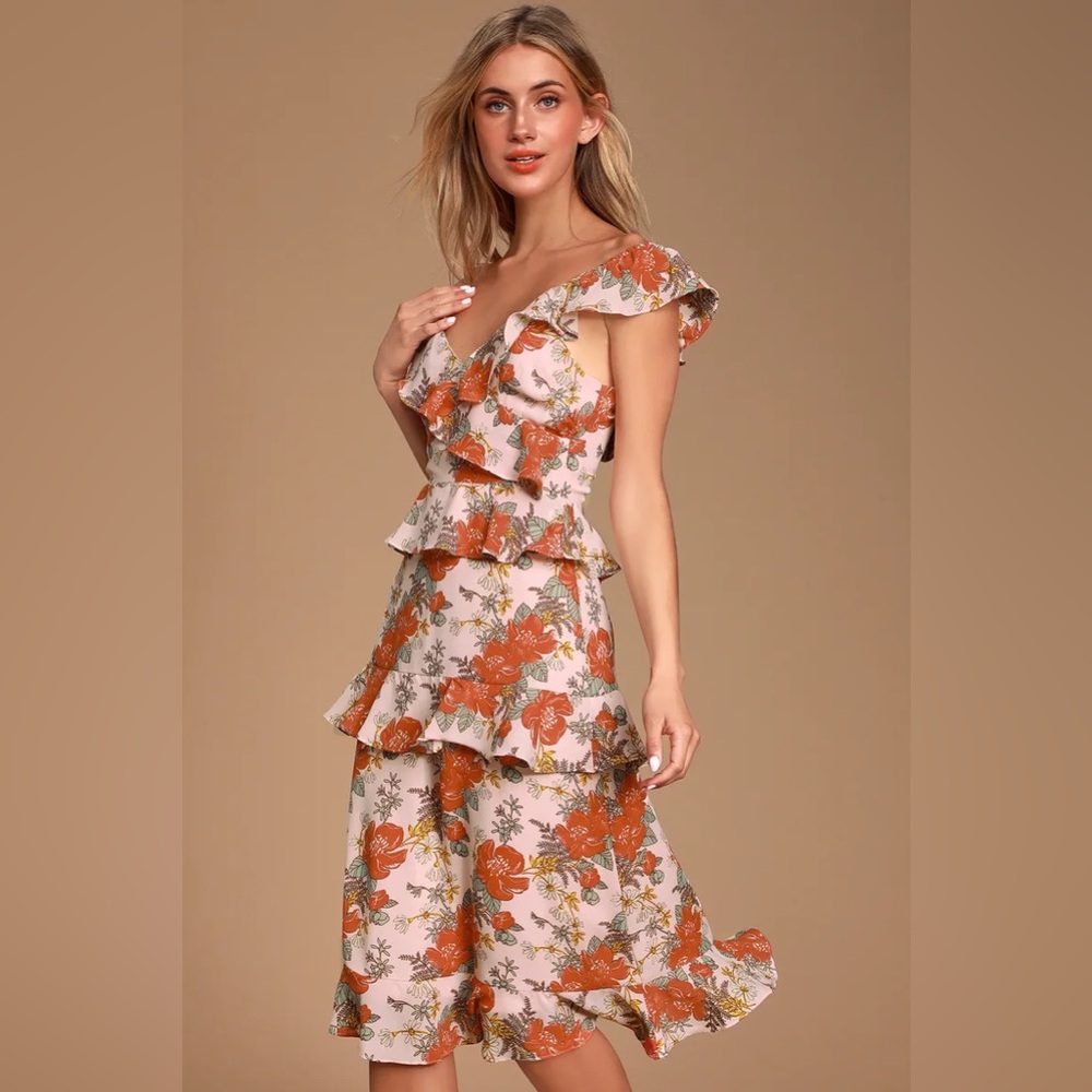 Fleur-Evermore Blush Pink Floral Print Ruffled Midi Dress